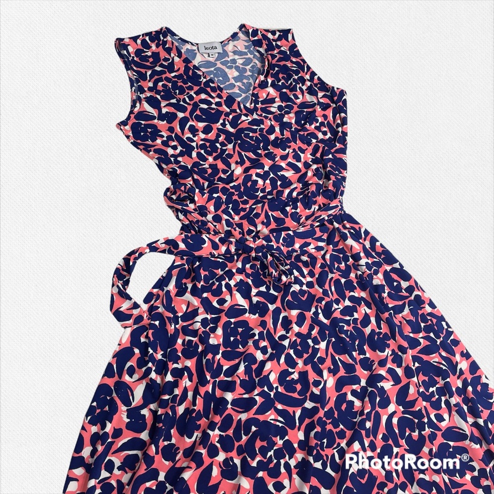 Leota Sleeveless Pink & Blue Faux Wrap Dress Medium